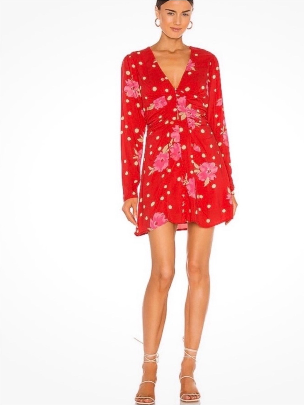 Free People Red Floral Polka Dot Midi Dress with Pink Accents